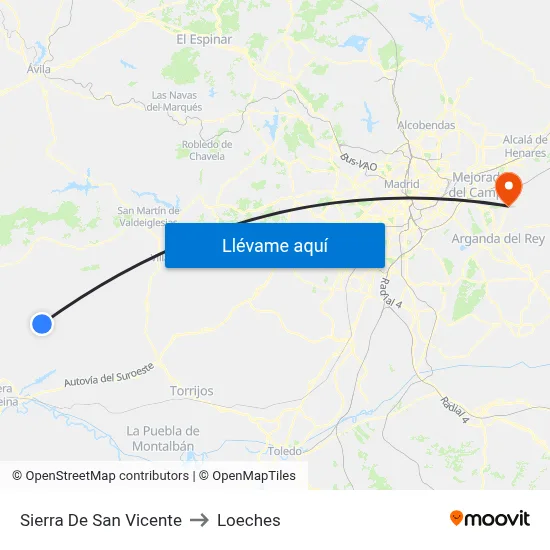 Sierra De San Vicente to Loeches map