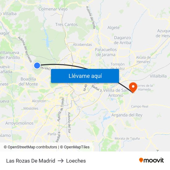 Las Rozas De Madrid to Loeches map