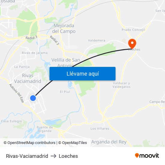 Rivas-Vaciamadrid to Loeches map