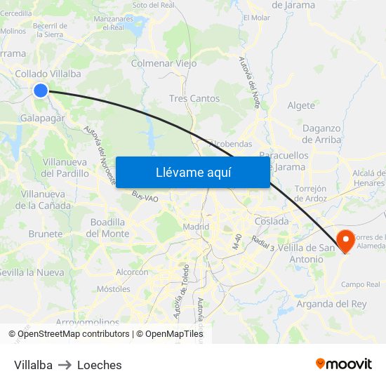 Villalba to Loeches map