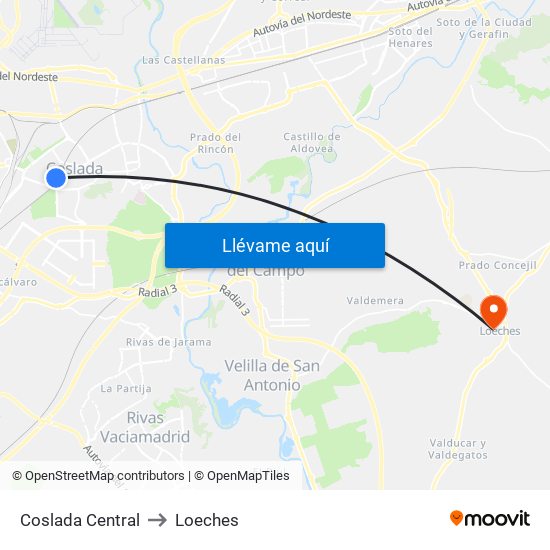 Coslada Central to Loeches map