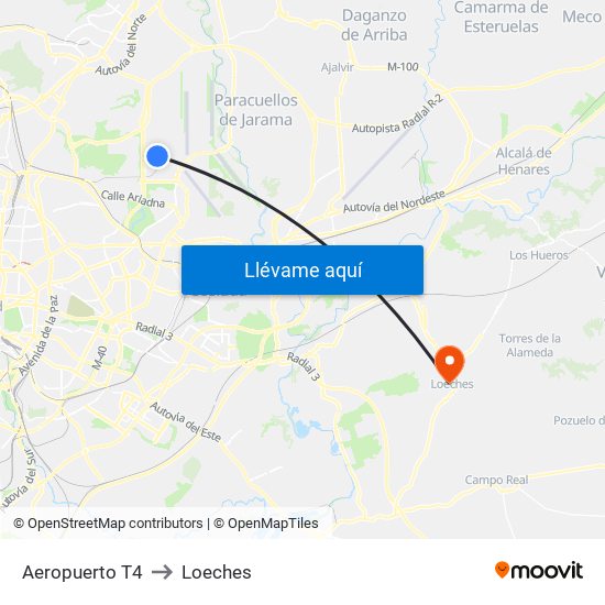 Aeropuerto T4 to Loeches map