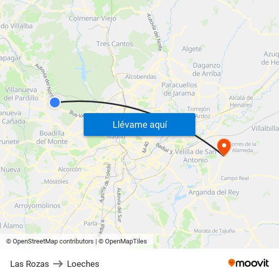 Las Rozas to Loeches map