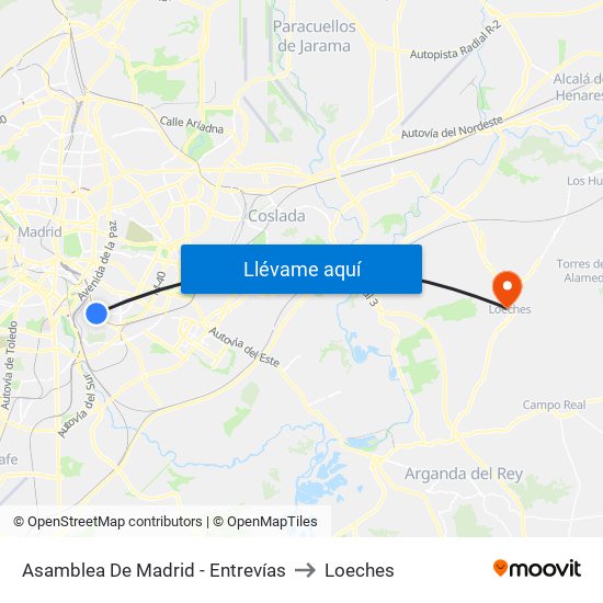 Asamblea De Madrid - Entrevías to Loeches map