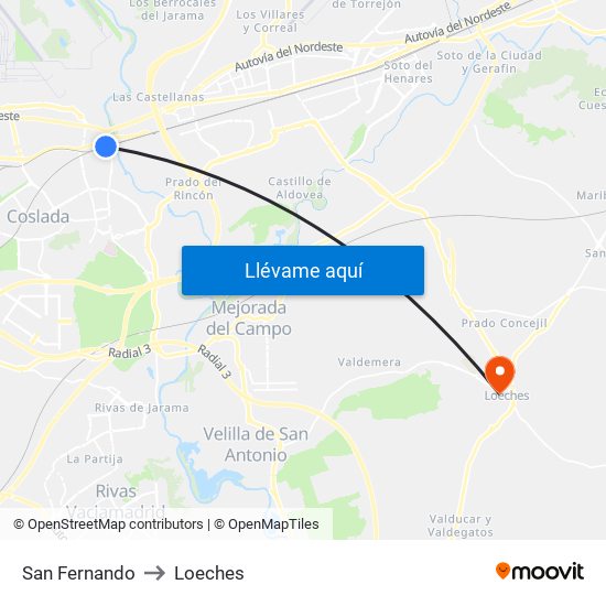 San Fernando to Loeches map