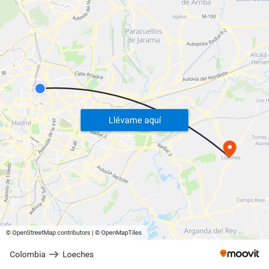 Colombia to Loeches map