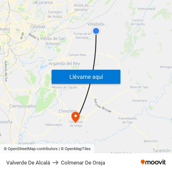 Valverde De Alcalá to Colmenar De Oreja map