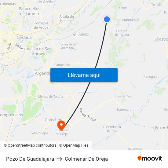Pozo De Guadalajara to Colmenar De Oreja map