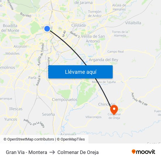 Gran Vía - Montera to Colmenar De Oreja map