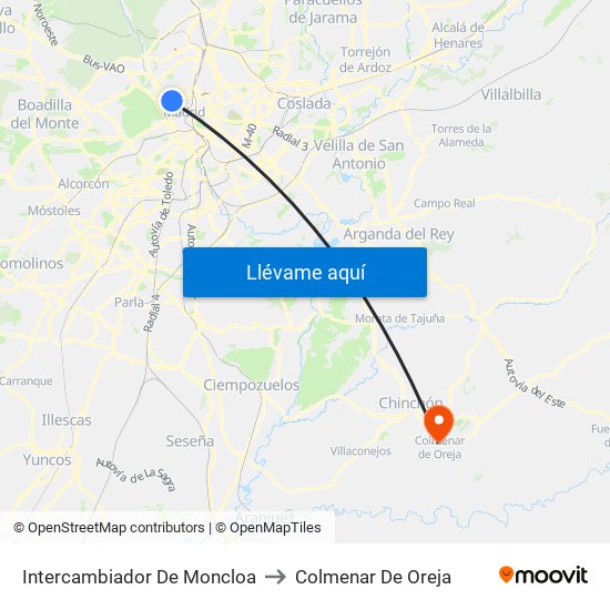 Intercambiador De Moncloa to Colmenar De Oreja map