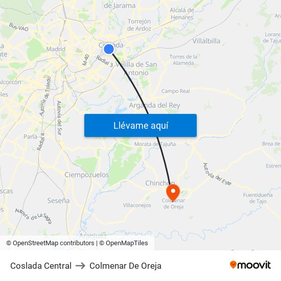 Coslada Central to Colmenar De Oreja map