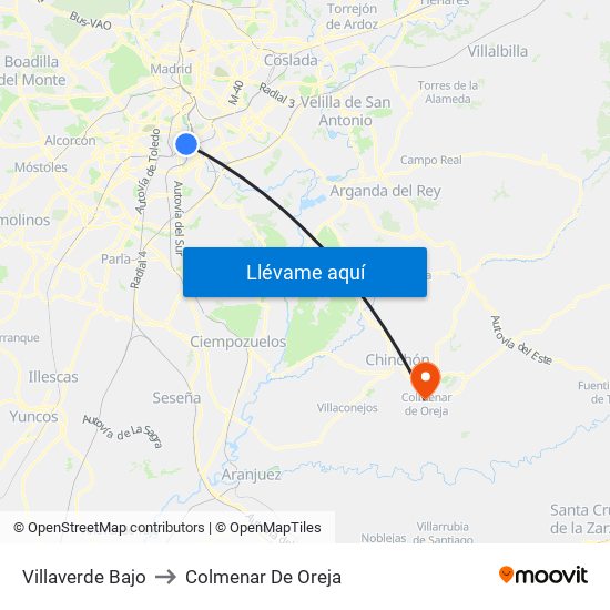Villaverde Bajo to Colmenar De Oreja map