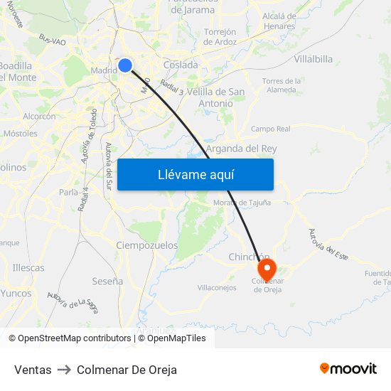 Ventas to Colmenar De Oreja map