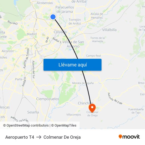 Aeropuerto T4 to Colmenar De Oreja map