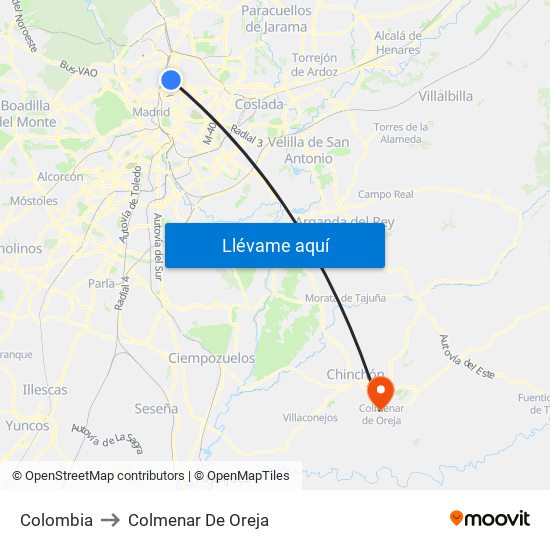 Colombia to Colmenar De Oreja map