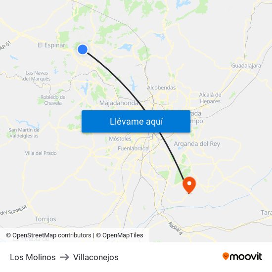 Los Molinos to Villaconejos map
