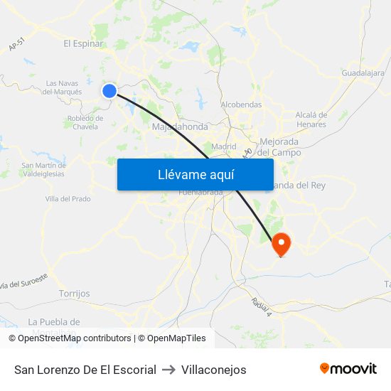 San Lorenzo De El Escorial to Villaconejos map