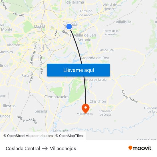 Coslada Central to Villaconejos map