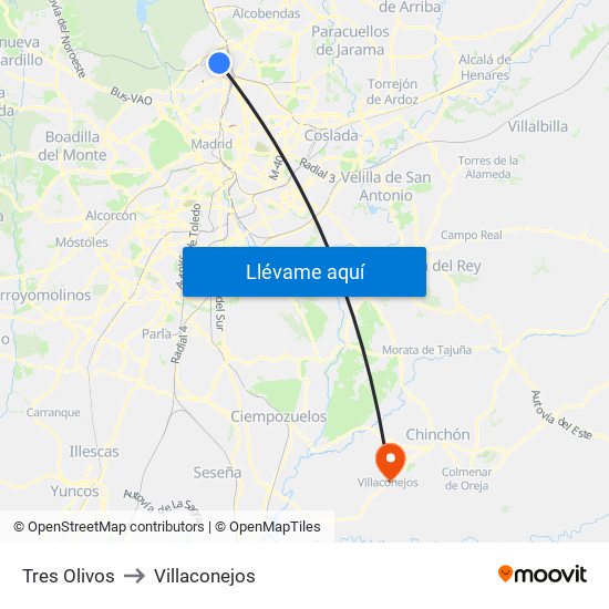 Tres Olivos to Villaconejos map