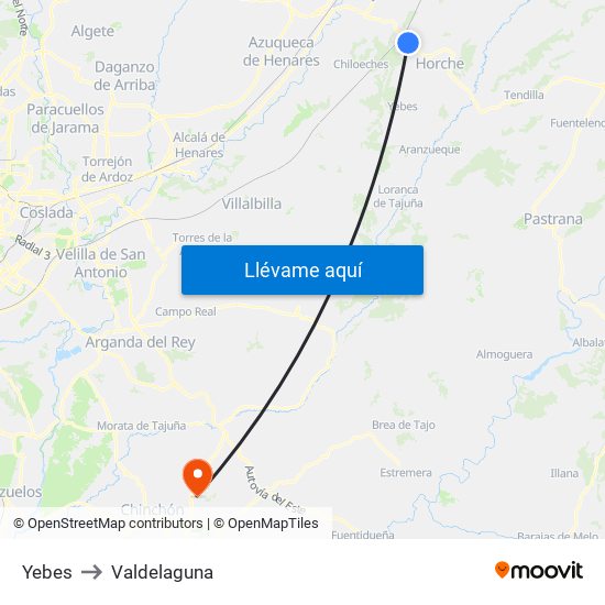 Yebes to Valdelaguna map