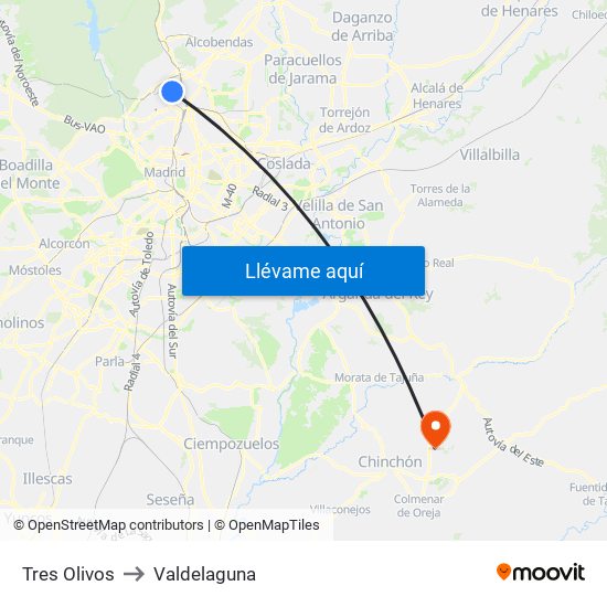 Tres Olivos to Valdelaguna map