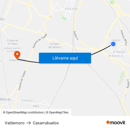 Valdemoro to Casarrubuelos map