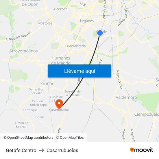 Getafe Centro to Casarrubuelos map