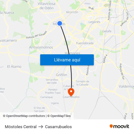 Móstoles Central to Casarrubuelos map