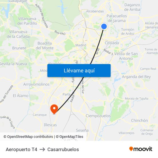 Aeropuerto T4 to Casarrubuelos map