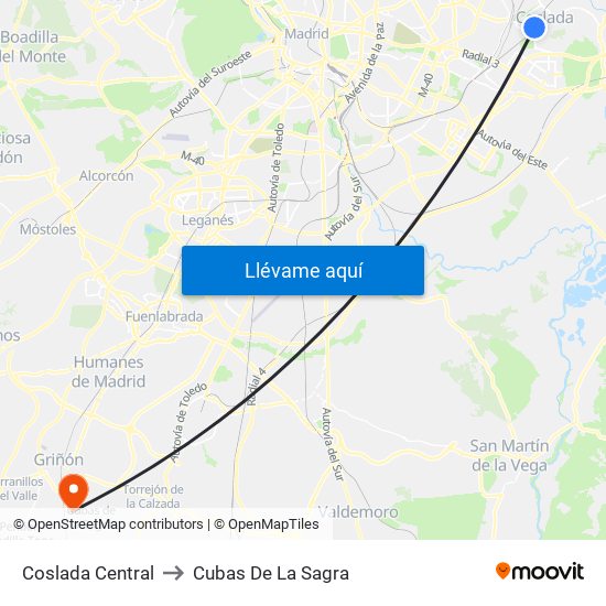 Coslada Central to Cubas De La Sagra map