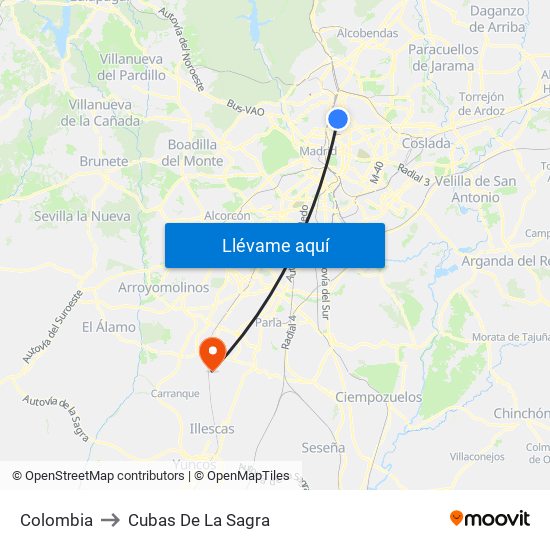 Colombia to Cubas De La Sagra map