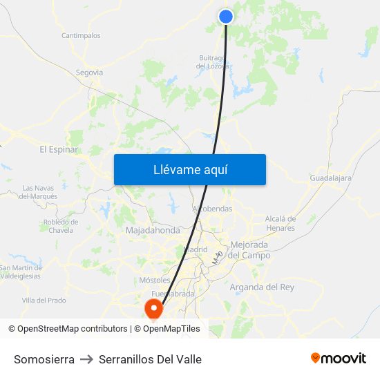 Somosierra to Serranillos Del Valle map
