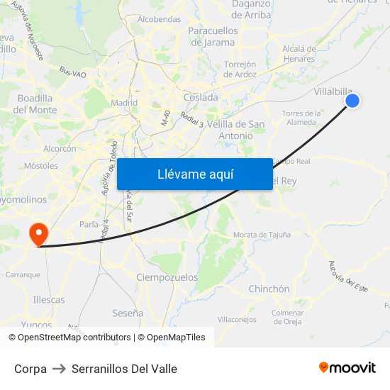 Corpa to Serranillos Del Valle map