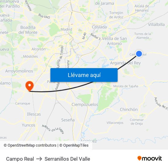 Campo Real to Serranillos Del Valle map