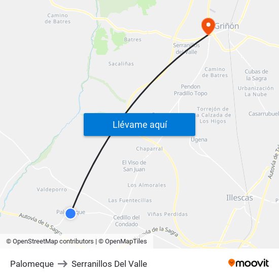 Palomeque to Serranillos Del Valle map