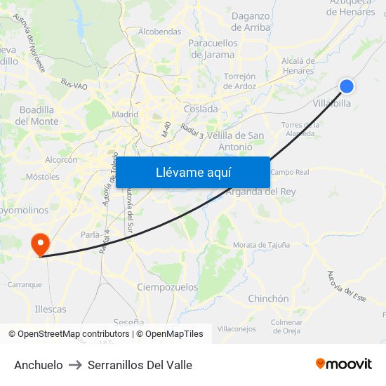 Anchuelo to Serranillos Del Valle map