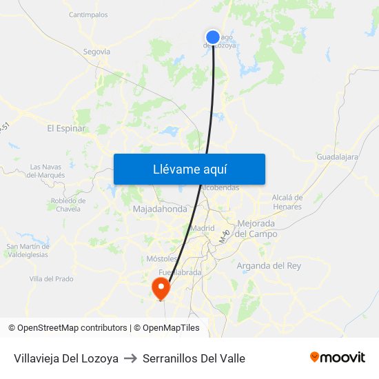 Villavieja Del Lozoya to Serranillos Del Valle map