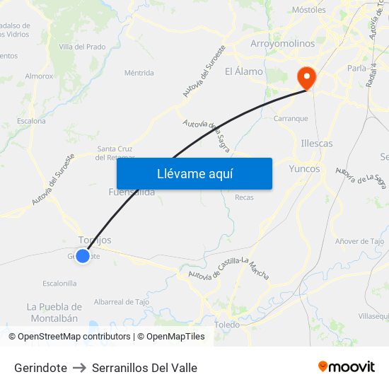 Gerindote to Serranillos Del Valle map