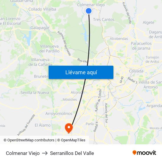 Colmenar Viejo to Serranillos Del Valle map