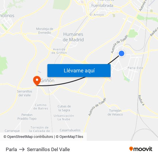 Parla to Serranillos Del Valle map