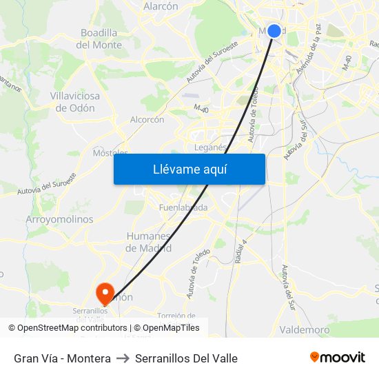 Gran Vía - Montera to Serranillos Del Valle map