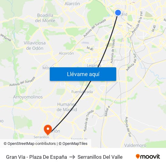 Gran Vía - Plaza De España to Serranillos Del Valle map