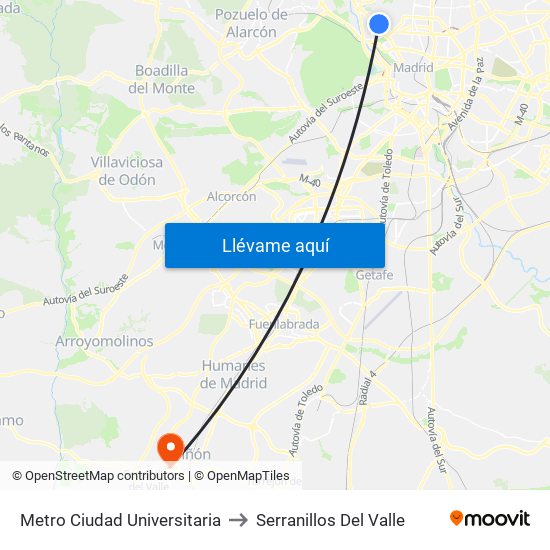 Metro Ciudad Universitaria to Serranillos Del Valle map