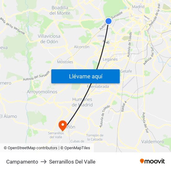 Campamento to Serranillos Del Valle map