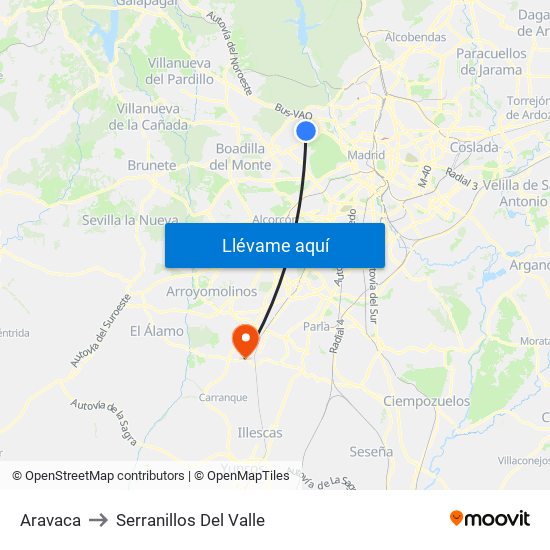 Aravaca to Serranillos Del Valle map