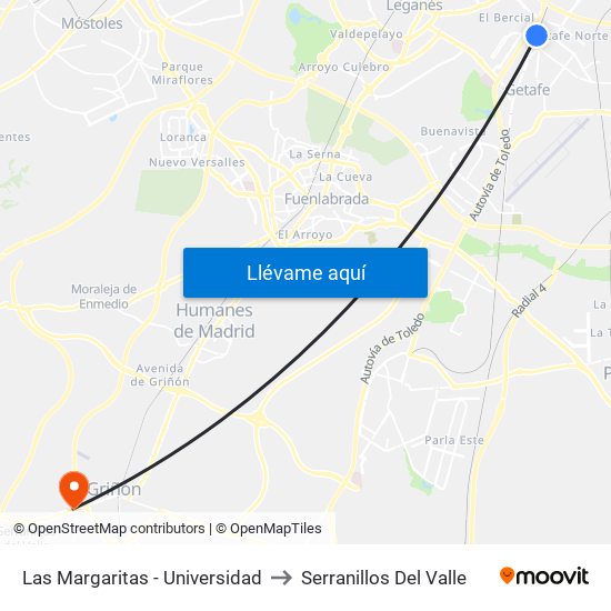 Las Margaritas - Universidad to Serranillos Del Valle map