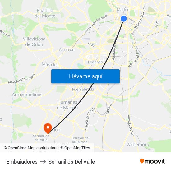 Embajadores to Serranillos Del Valle map