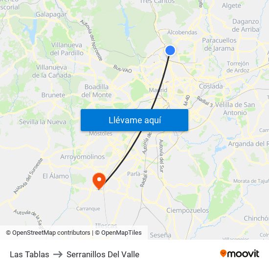 Las Tablas to Serranillos Del Valle map