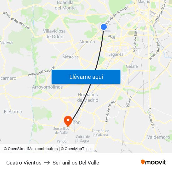 Cuatro Vientos to Serranillos Del Valle map