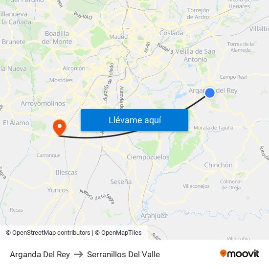 Arganda Del Rey to Serranillos Del Valle map